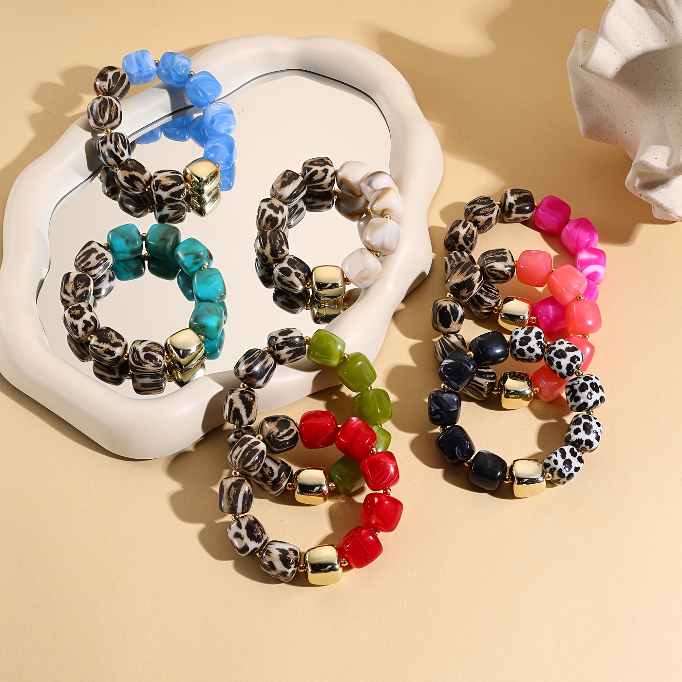 Leopard Print Dopamine Color Block Beaded Stretch Bracelet
